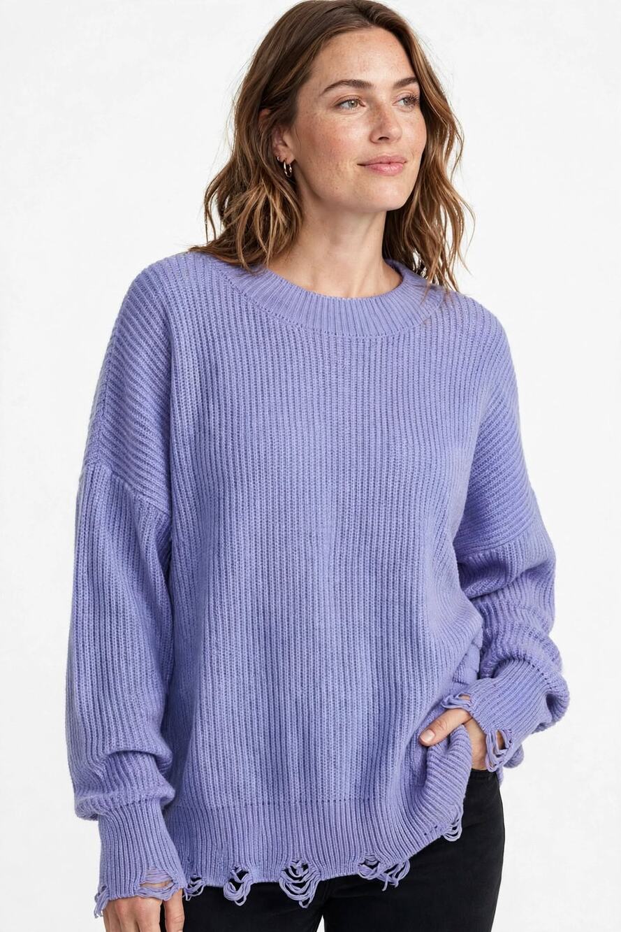 Peace Love World Sweater Size M Lavender Periwinkle Ribbed Knit Distressed